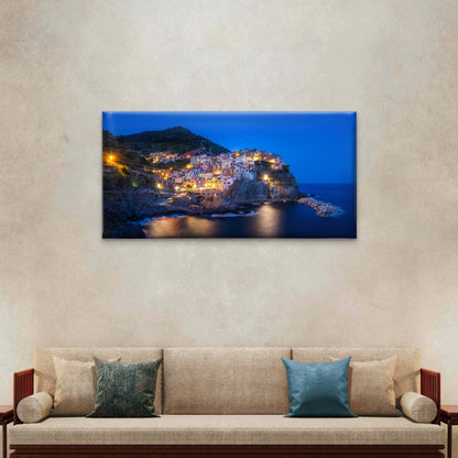 Lights Manarola Village Cinque Terre Italy Wall Art Canvas Office Home Room Framed 120x60cm
