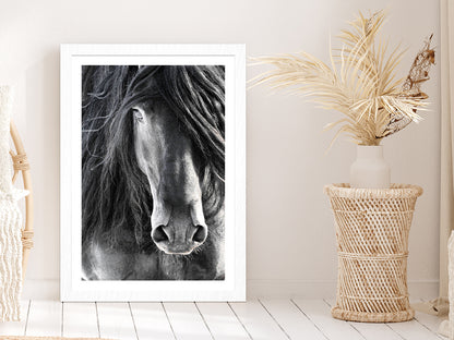 Black Horse Face Closeup Photograph Glass Framed Wall Art, Ready to Hang Quality Print With White Border White