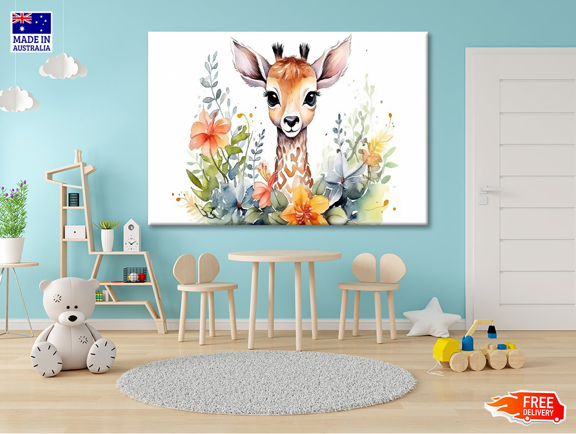 Baby Giraffe in Flower Blossom Garden Print 100% Australian Made - Bella Home Decor