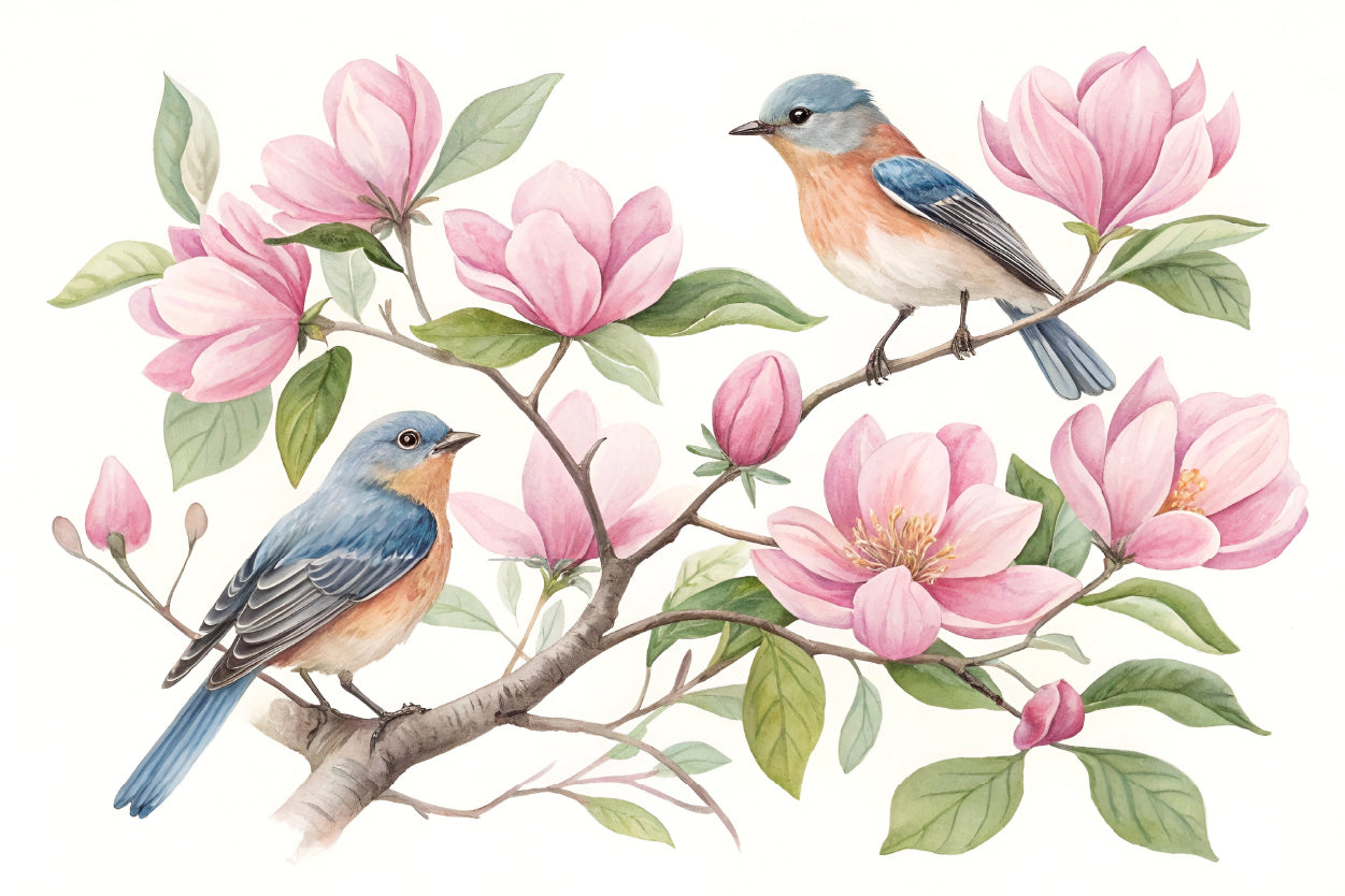 Watercolor Spring Birds and Pink Magnolia Flowers Wall Art Decor 100% Australian Made