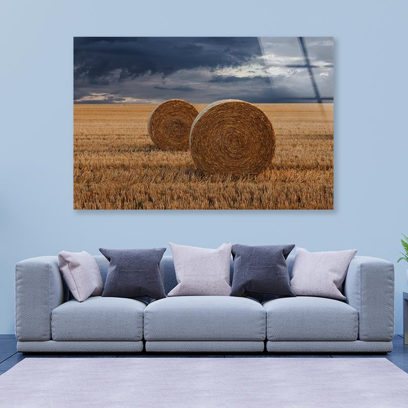 Straw Bales in A Field at Sunset View Acrylic Glass Print Tempered Glass Wall Art 100% Made in Australia Ready to Hang - Bella Home Decor