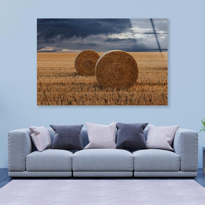 Straw Bales in A Field at Sunset View Acrylic Glass Print Tempered Glass Wall Art 100% Made in Australia Ready to Hang - Bella Home Decor