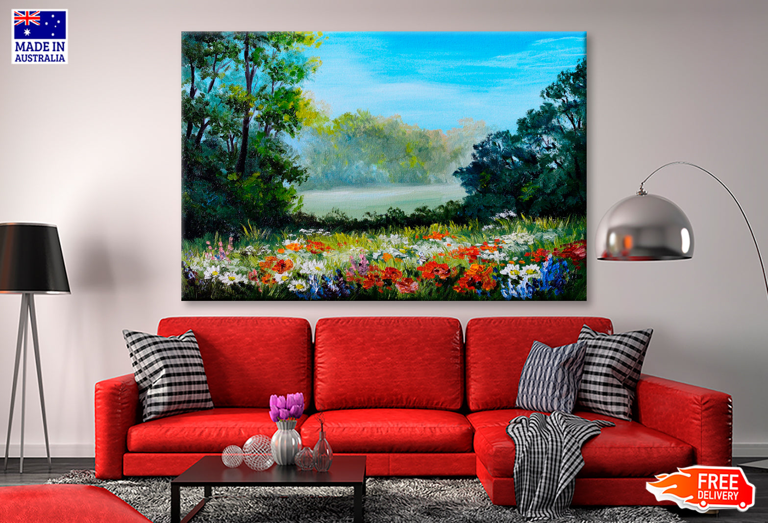 Field With Flowers & Forest Abstract Drawing Wall Art Limited Edition High Quality Print