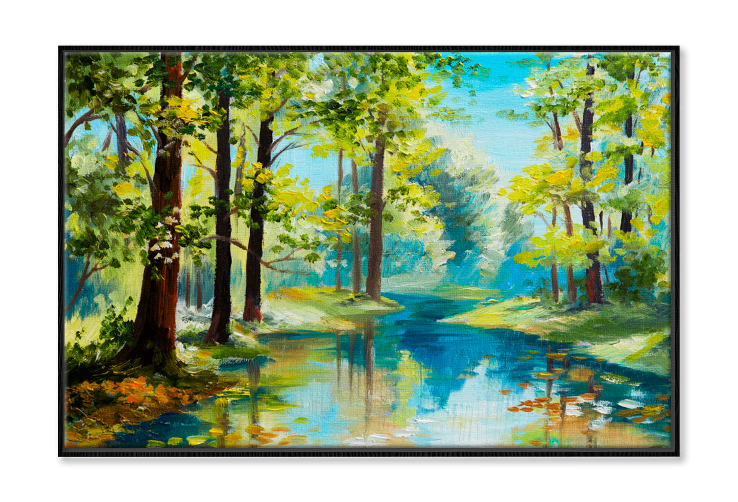 River In The Forest, Summer Day Oil Painting Wall Art Limited Edition High Quality Print Canvas Box Framed Black