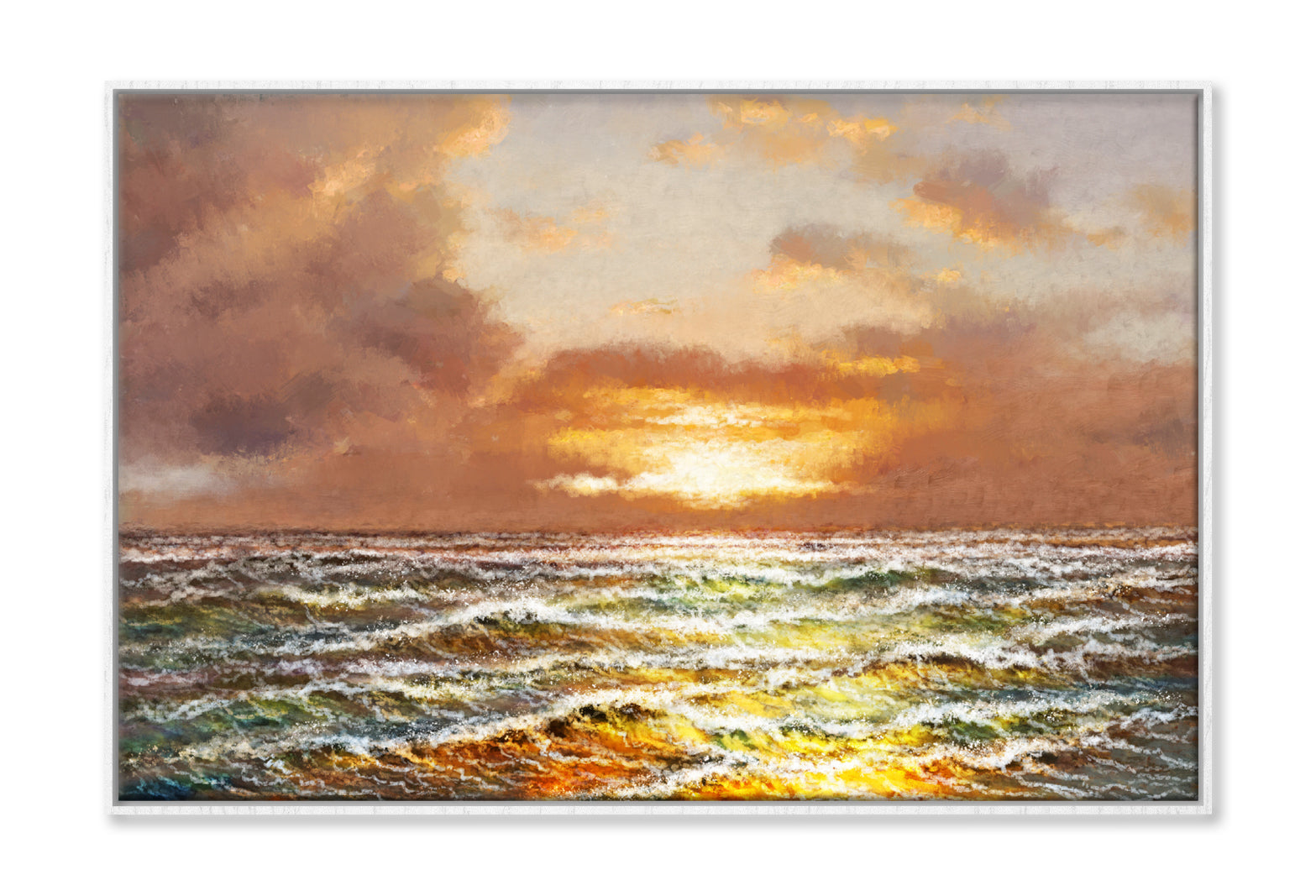 Waves on the Sea & Sunset Sky Oil Painting Wall Art Limited Edition High Quality Print Canvas Box Framed White