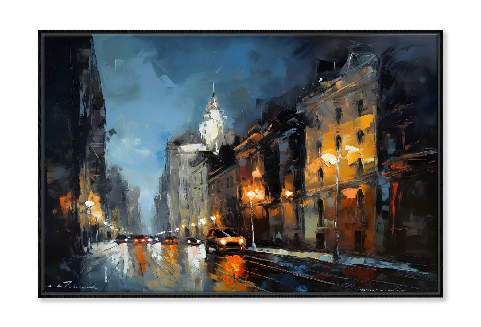 City Night Road with Vehicle Oil Painting Wall Art Limited Edition High Quality Print Canvas Box Framed Black