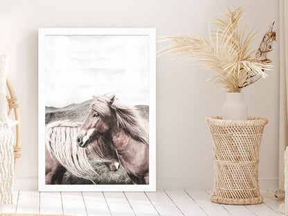 Faded Horse Closeup Side View Photograph Glass Framed Wall Art, Ready to Hang Quality Print Without White Border White