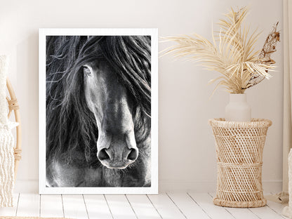 Black Horse Face Closeup Photograph Glass Framed Wall Art, Ready to Hang Quality Print Without White Border White