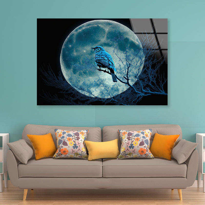Bird, the Moon, and a Blue Night Acrylic Glass Print Tempered Glass Wall Art 100% Made in Australia Ready to Hang - Bella Home Decor