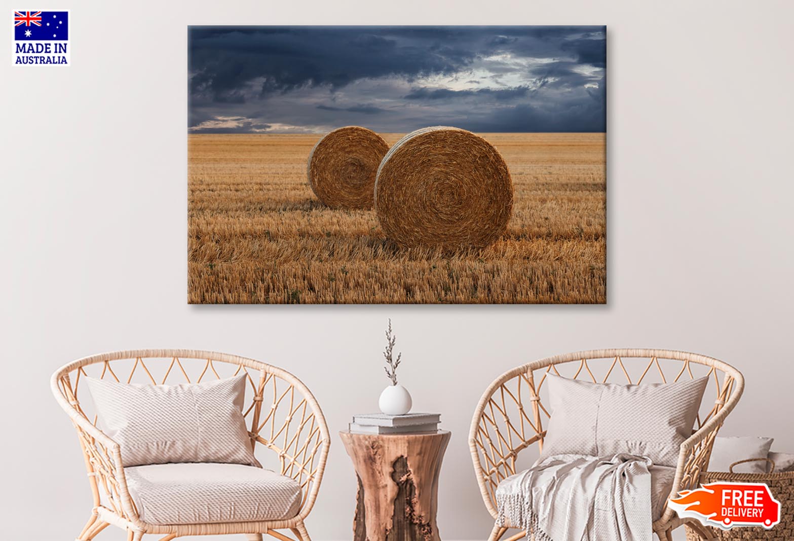 Straw Bales in A Field at Sunset View Wall Art Decor 100% Australian Made - Bella Home Decor