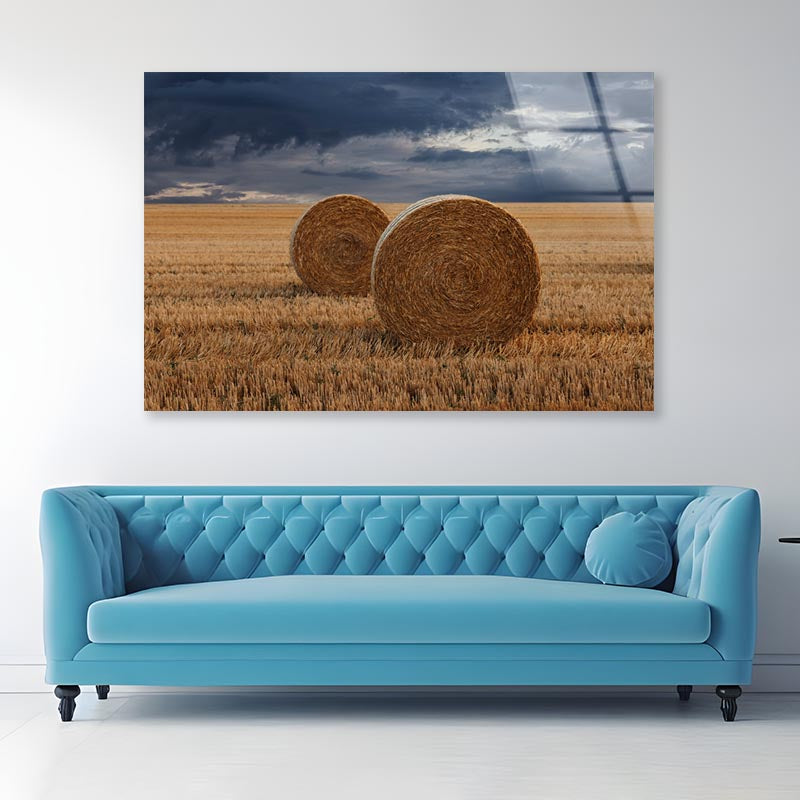 Straw Bales in A Field at Sunset View Acrylic Glass Print Tempered Glass Wall Art 100% Made in Australia Ready to Hang - Bella Home Decor