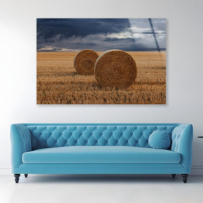 Straw Bales in A Field at Sunset View Acrylic Glass Print Tempered Glass Wall Art 100% Made in Australia Ready to Hang - Bella Home Decor