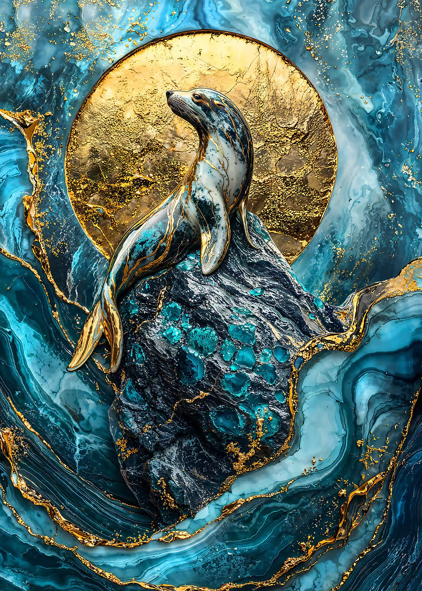 Gold Leaf and Teal Marble Seal 40x60cm Metal Print Ready to Hang - Bella Home Decor