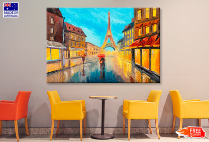 Eiffel Tower & Couple In A Street Oil Painting Wall Art Limited Edition High Quality Print