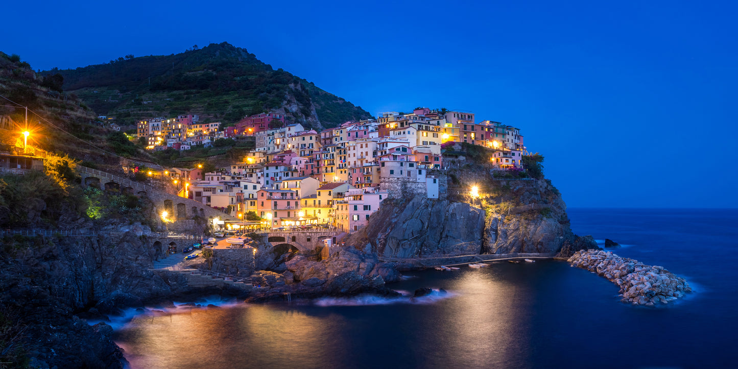 Lights Manarola Village Cinque Terre Italy Wall Art Canvas Office Home Room Framed 120x60cm