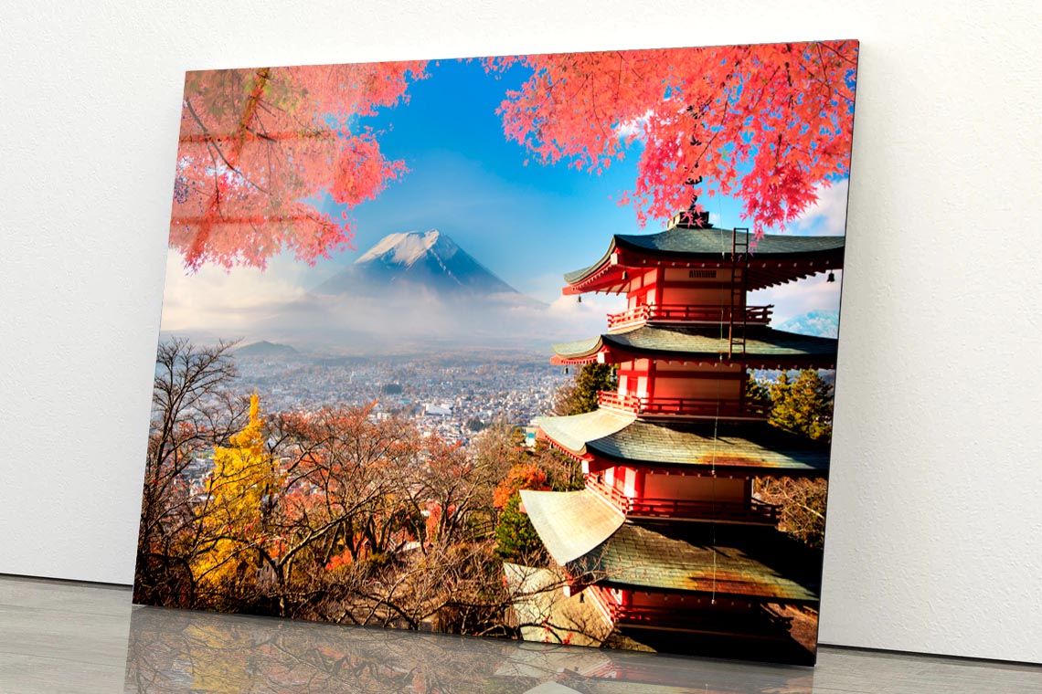 Mt. Fuji With Fall Colors in Japan Acrylic Glass Print Tempered Glass Wall Art 100% Made in Australia Ready to Hang - Bella Home Decor