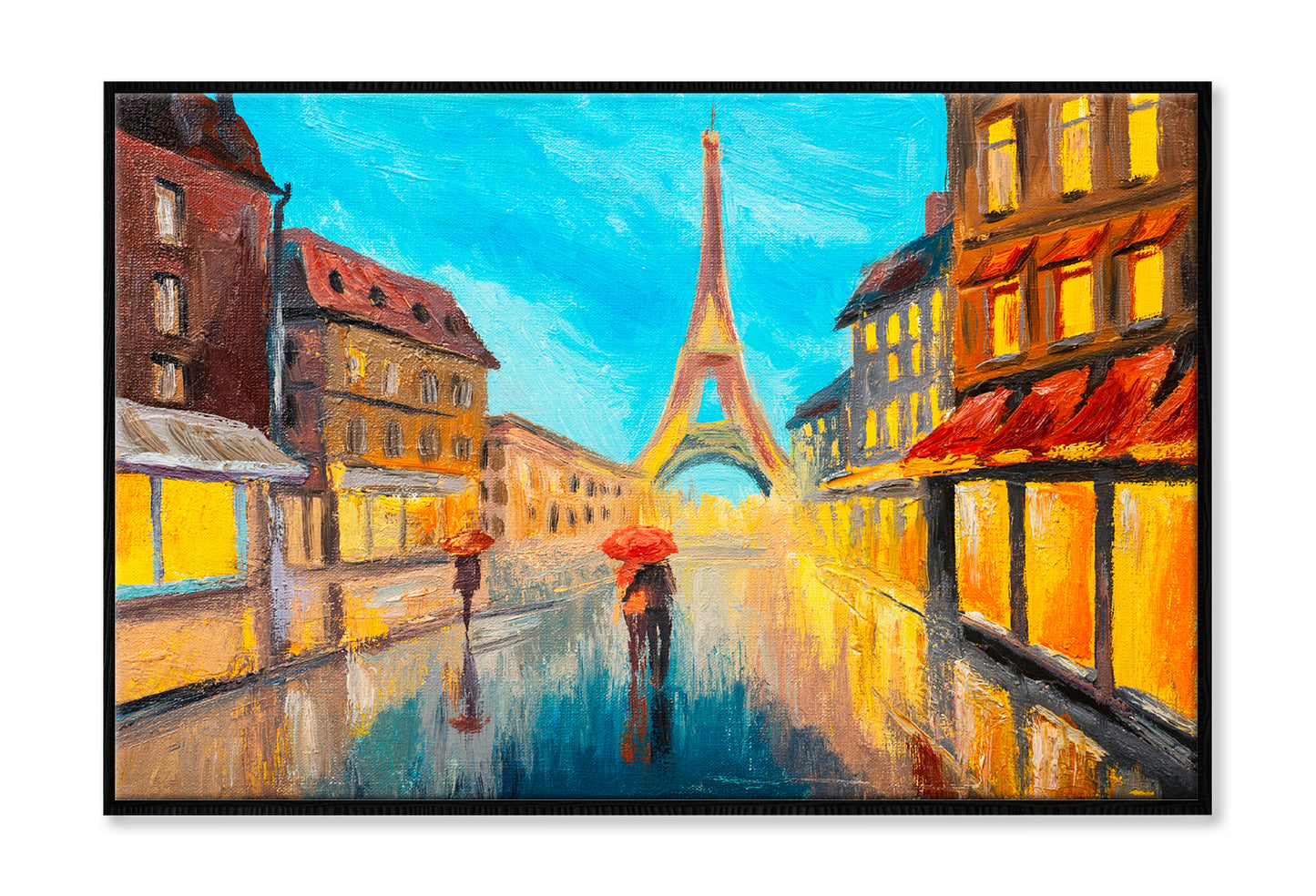 Eiffel Tower & Couple In A Street Oil Painting Wall Art Limited Edition High Quality Print Canvas Box Framed Black