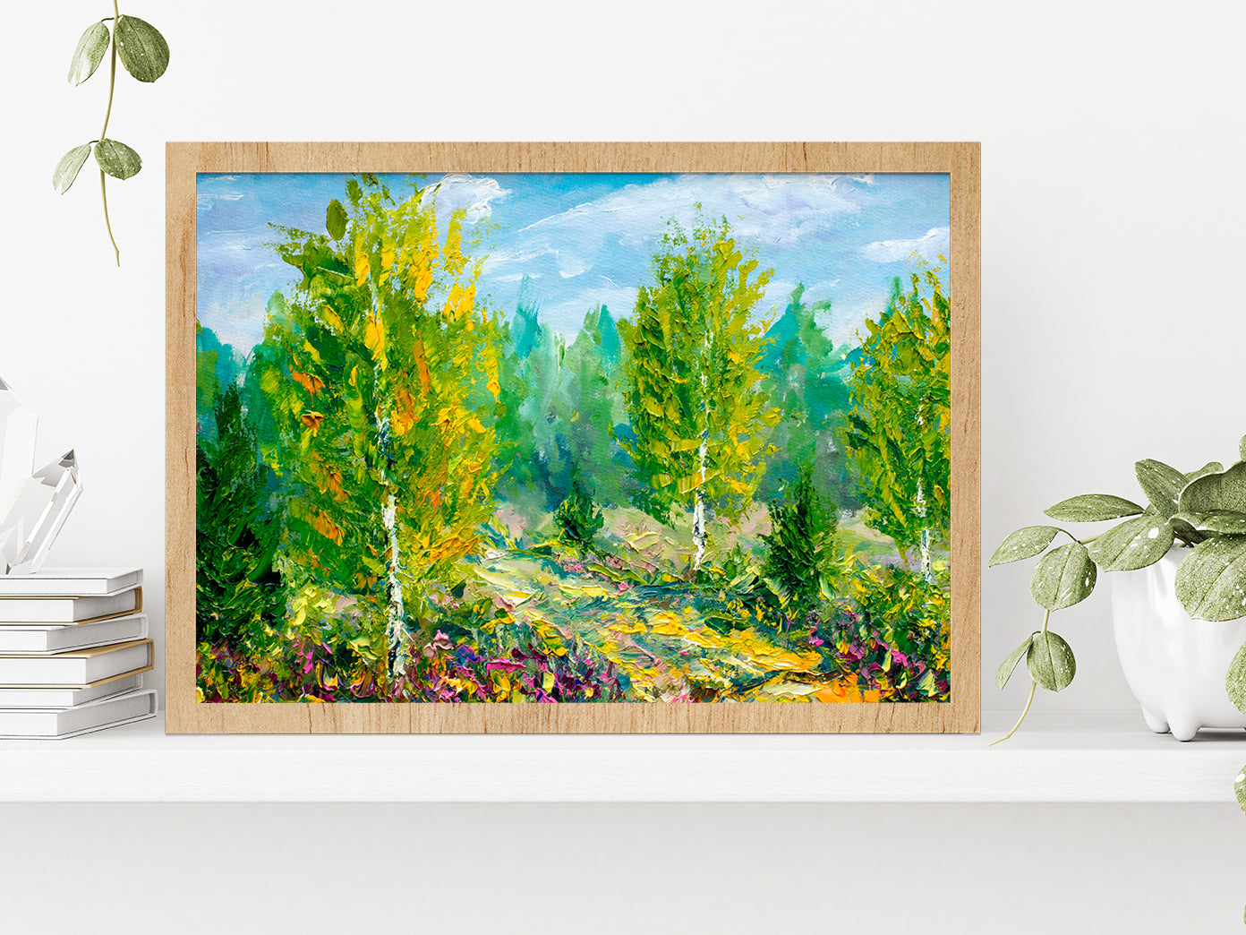 Green Trees & Bright Nature Summer Landscape Glass Framed Wall Art, Ready to Hang Quality Print Without White Border Oak