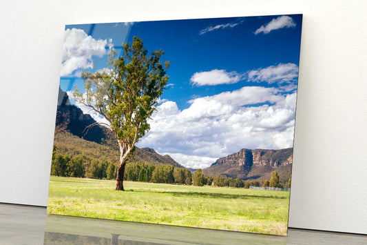 A Cloudy Sky and Mountains with Grass and Meadows Acrylic Glass Print Tempered Glass Wall Art 100% Made in Australia Ready to Hang