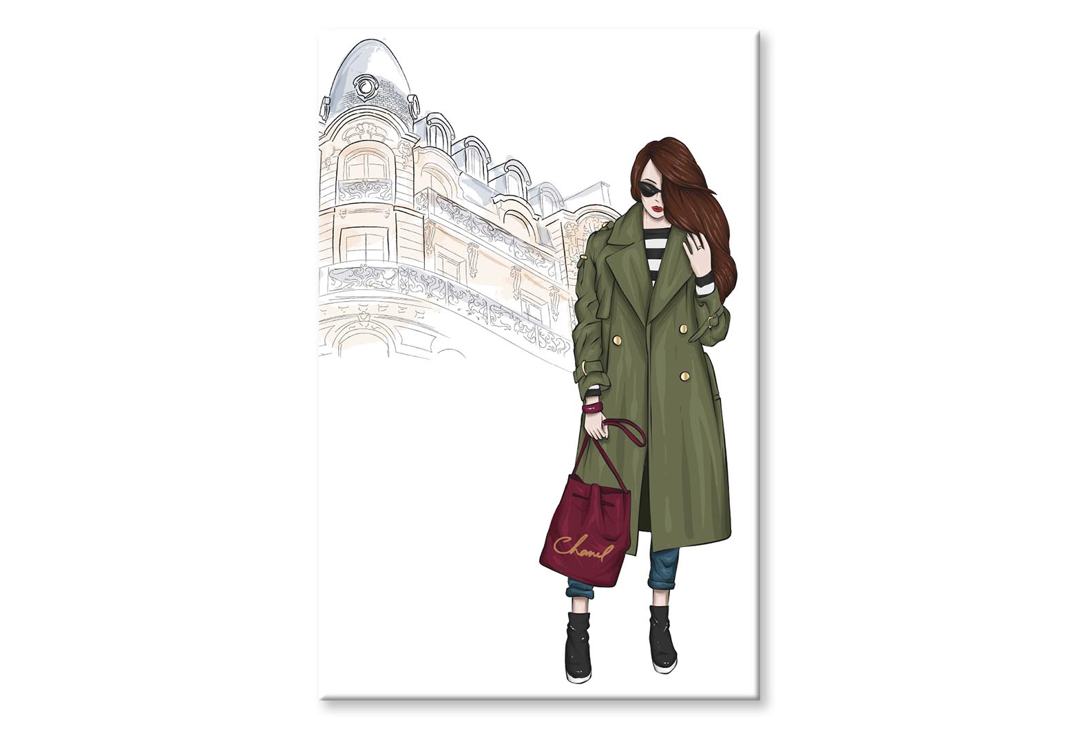 Green Girl with Red Bag Art Wall Art Limited Edition High Quality Print Stretched Canvas None