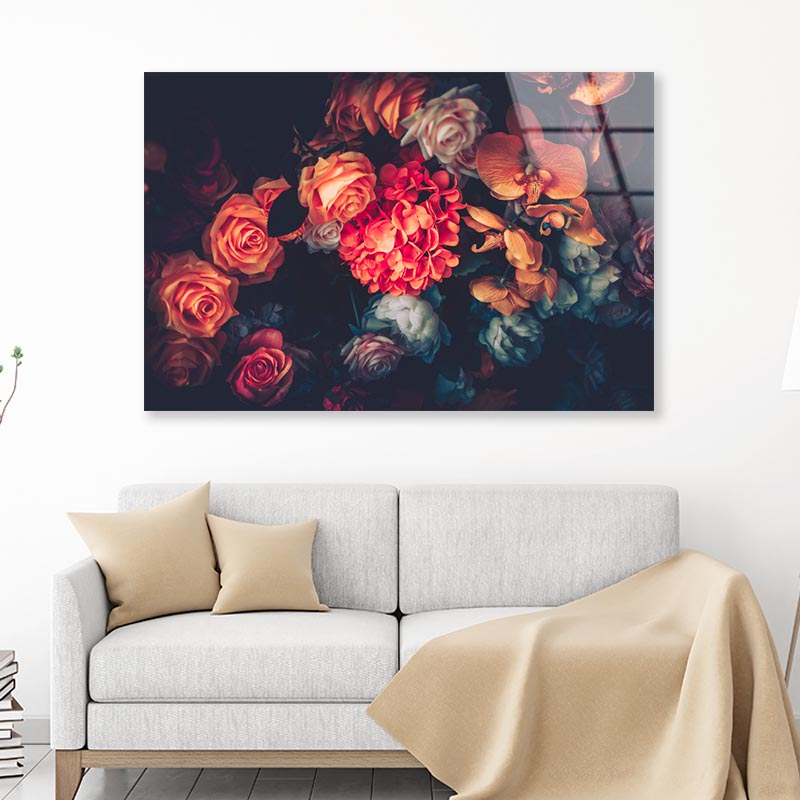 Artificial Flowers Wall for Background in Vintage Style Acrylic Glass Print Tempered Glass Wall Art 100% Made in Australia Ready to Hang - Bella Home Decor