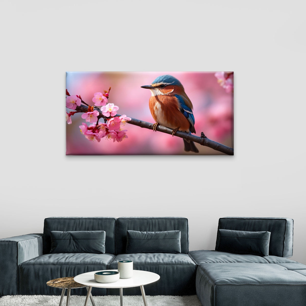 Songbird on Cherry Blossom Branch Wall Art Canvas Office Home Framed 120x60cm