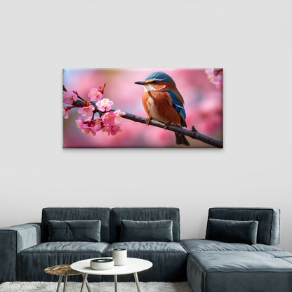 Songbird on Cherry Blossom Branch Wall Art Canvas Office Home Framed 120x60cm
