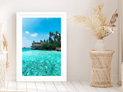 Indian Ocean & Villa Beach Photograph Glass Framed Wall Art, Ready to Hang Quality Print With White Border White