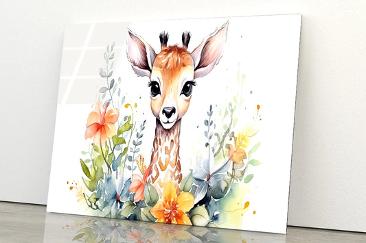 Baby Giraffe in Flower Blossom Garden Acrylic Glass Print Tempered Glass Wall Art 100% Made in Australia Ready to Hang