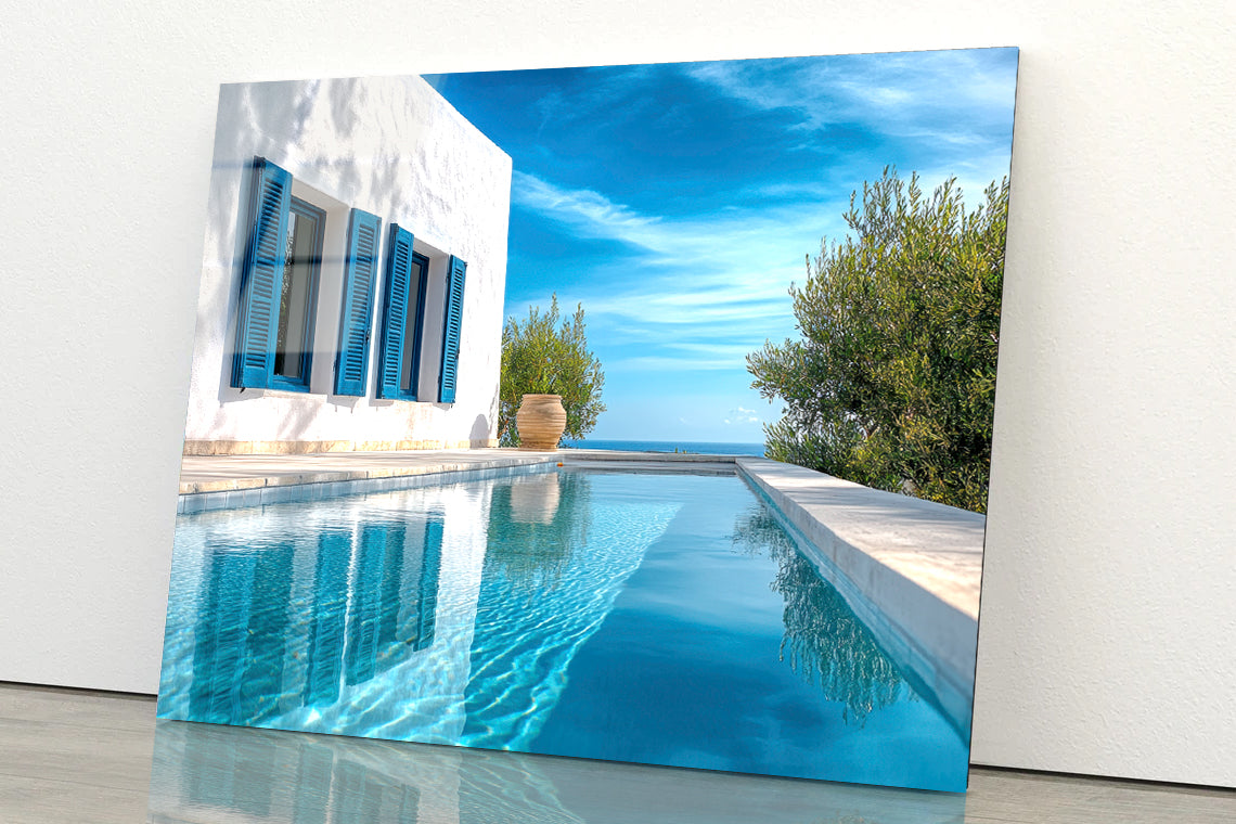 Swimming Pool with a House, Trees, Sky Acrylic Glass Print Tempered Glass Wall Art 100% Made in Australia Ready to Hang - Bella Home Decor