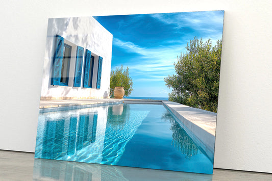 Swimming Pool with a House, Trees, Sky Acrylic Glass Print Tempered Glass Wall Art 100% Made in Australia Ready to Hang - Bella Home Decor