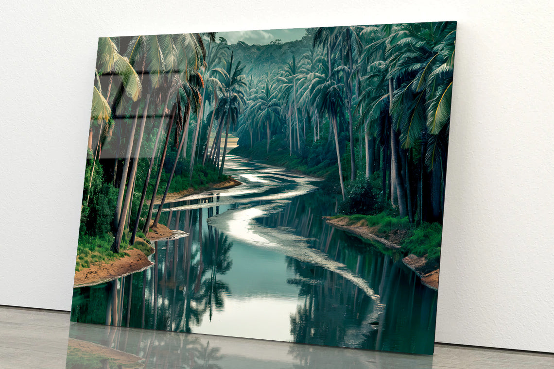Tropical Forest with Trees, Lake Acrylic Glass Print Tempered Glass Wall Art 100% Made in Australia Ready to Hang - Bella Home Decor