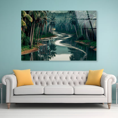 Tropical Forest with Trees, Lake Acrylic Glass Print Tempered Glass Wall Art 100% Made in Australia Ready to Hang - Bella Home Decor