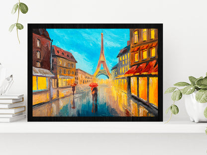 Eiffel Tower & Couple In A Street Glass Framed Wall Art, Ready to Hang Quality Print Without White Border Black