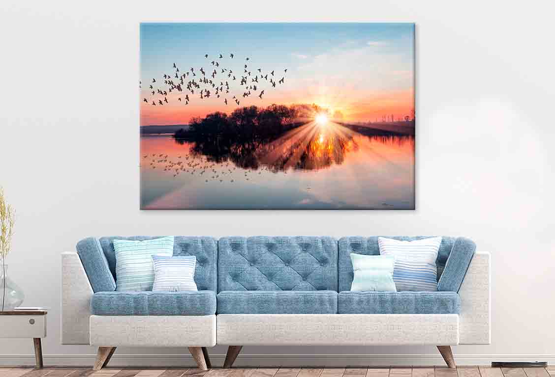 Birds Flying Above Lake at Sunset Wall Art Decor 100% Australian Made - Bella Home Decor