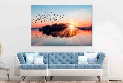 Birds Flying Above Lake at Sunset Wall Art Decor 100% Australian Made - Bella Home Decor