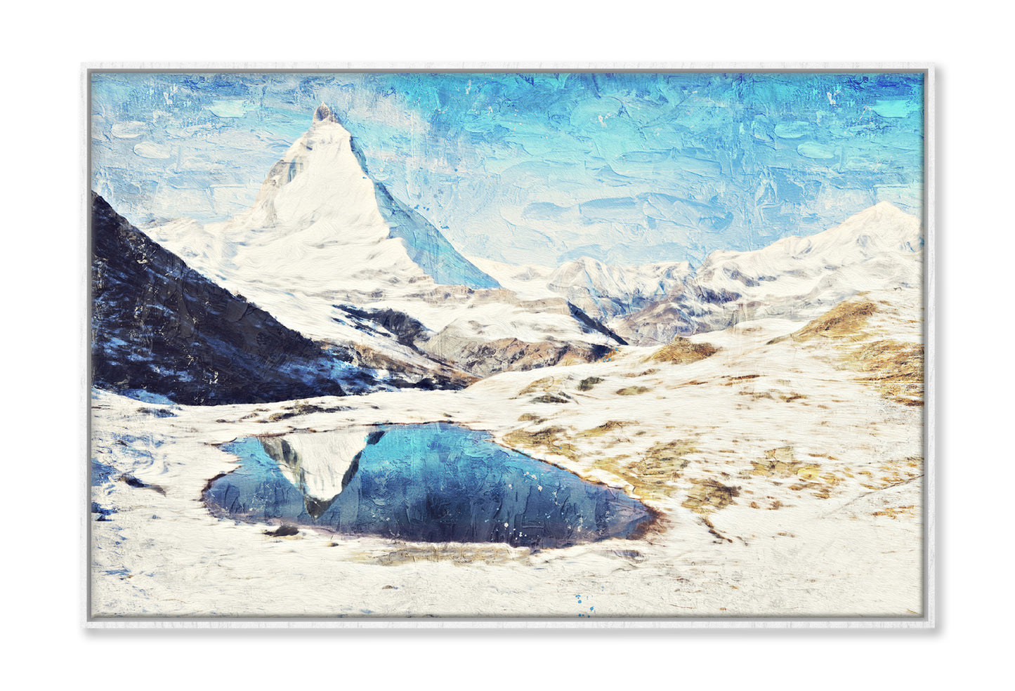 Matterhorn Mountain & Lake Winter Oil Painting Wall Art Limited Edition High Quality Print Canvas Box Framed White