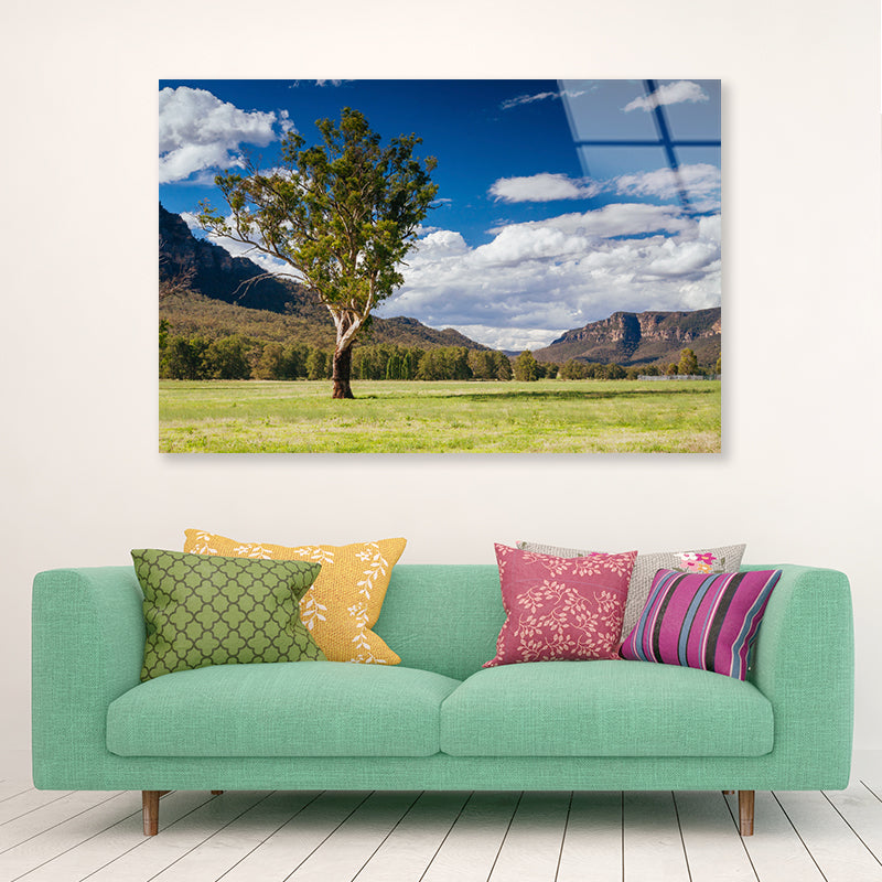 A Cloudy Sky and Mountains with Grass and Meadows Acrylic Glass Print Tempered Glass Wall Art 100% Made in Australia Ready to Hang