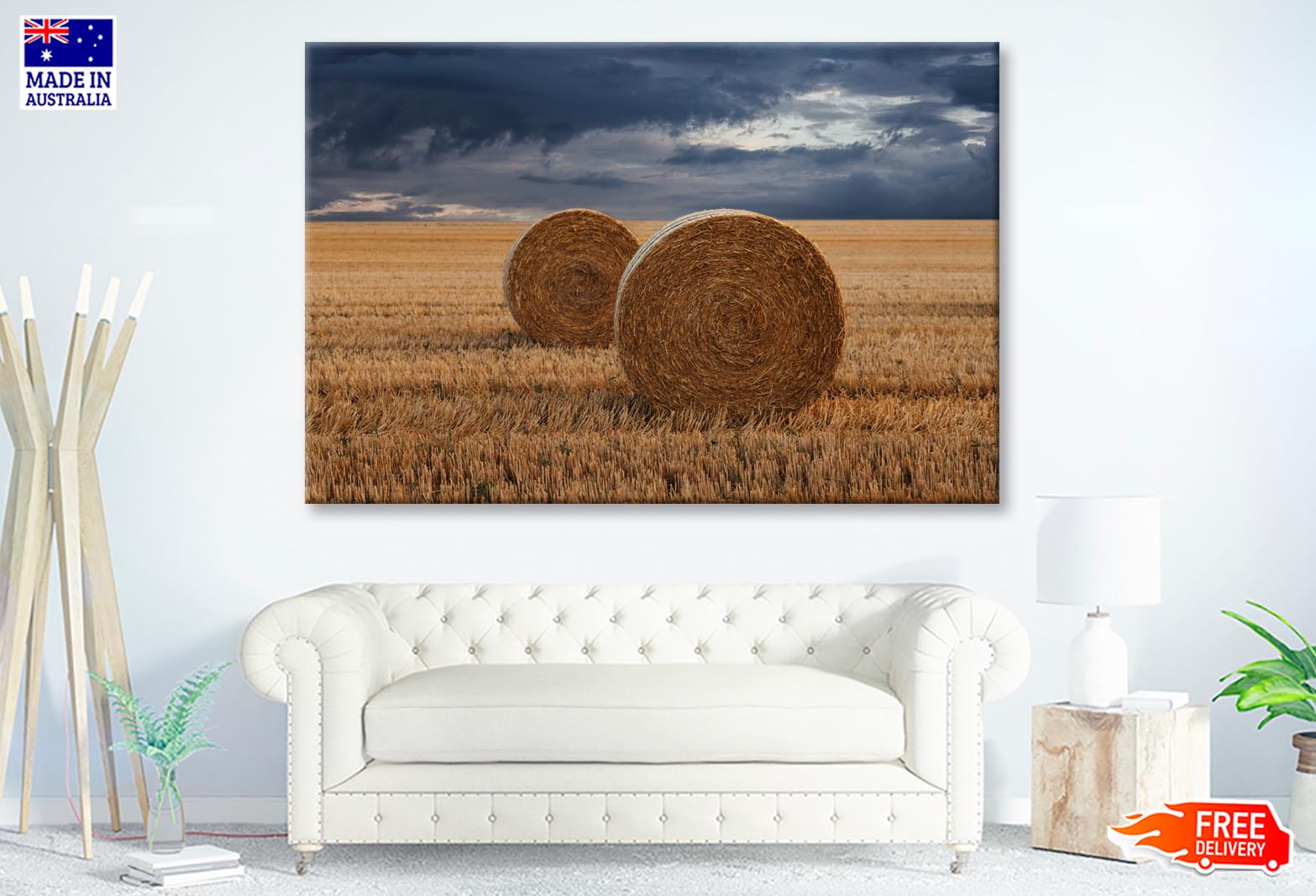 Straw Bales in A Field at Sunset View Wall Art Decor 100% Australian Made - Bella Home Decor