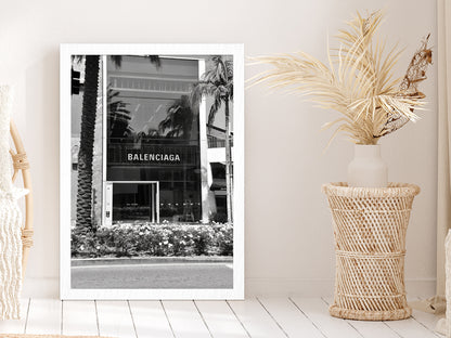 Palm Tree near Fashion Store B&W Photograph Glass Framed Wall Art, Ready to Hang Quality Print Without White Border White