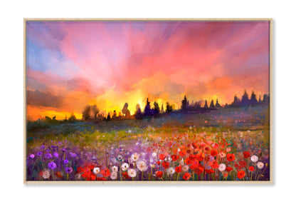 Daisy Flowers In Fields, Sunset Meadow Oil Painting Wall Art Limited Edition High Quality Print Canvas Box Framed Natural