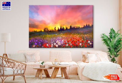 Daisy Flowers In Fields, Sunset Meadow Oil Painting Wall Art Limited Edition High Quality Print