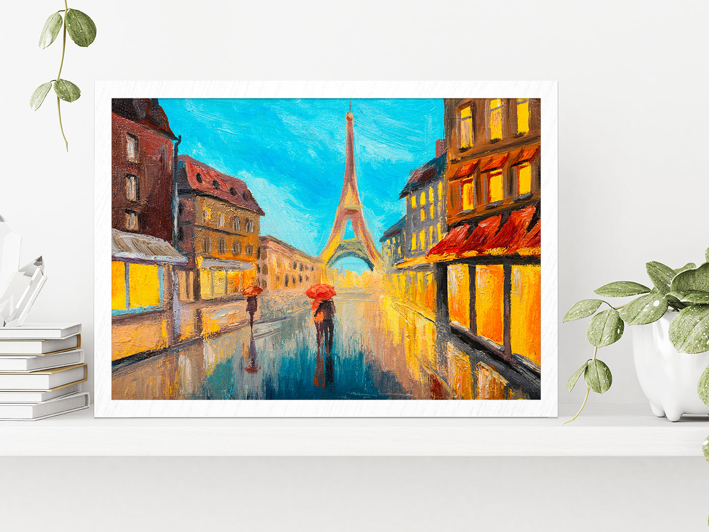 Eiffel Tower & Couple In A Street Glass Framed Wall Art, Ready to Hang Quality Print Without White Border White