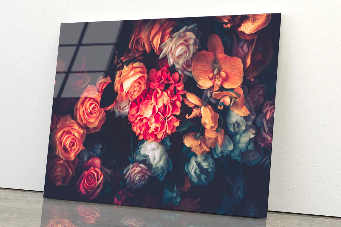 Artificial Flowers Wall for Background in Vintage Style Acrylic Glass Print Tempered Glass Wall Art 100% Made in Australia Ready to Hang - Bella Home Decor
