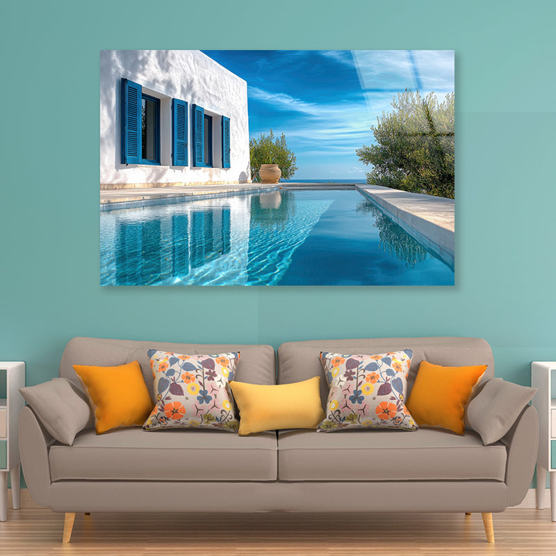 Swimming Pool with a House, Trees, Sky Acrylic Glass Print Tempered Glass Wall Art 100% Made in Australia Ready to Hang - Bella Home Decor