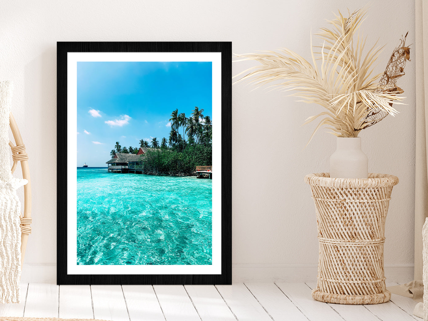 Indian Ocean & Villa Beach Photograph Glass Framed Wall Art, Ready to Hang Quality Print With White Border Black