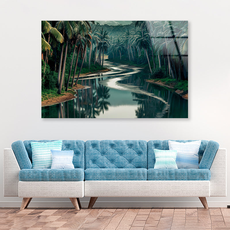 Tropical Forest with Trees, Lake Acrylic Glass Print Tempered Glass Wall Art 100% Made in Australia Ready to Hang - Bella Home Decor