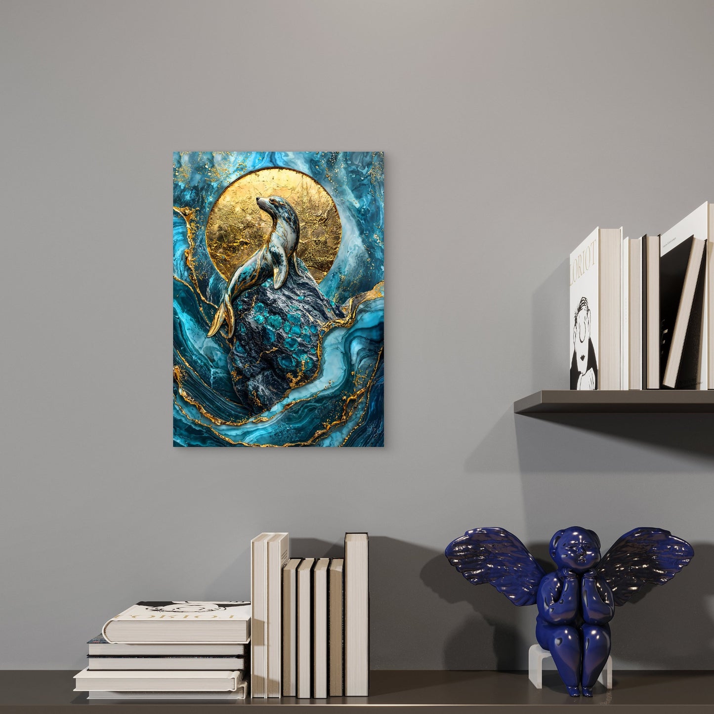 Gold Leaf and Teal Marble Seal 60x90cm Metal Print Ready to Hang - Bella Home Decor