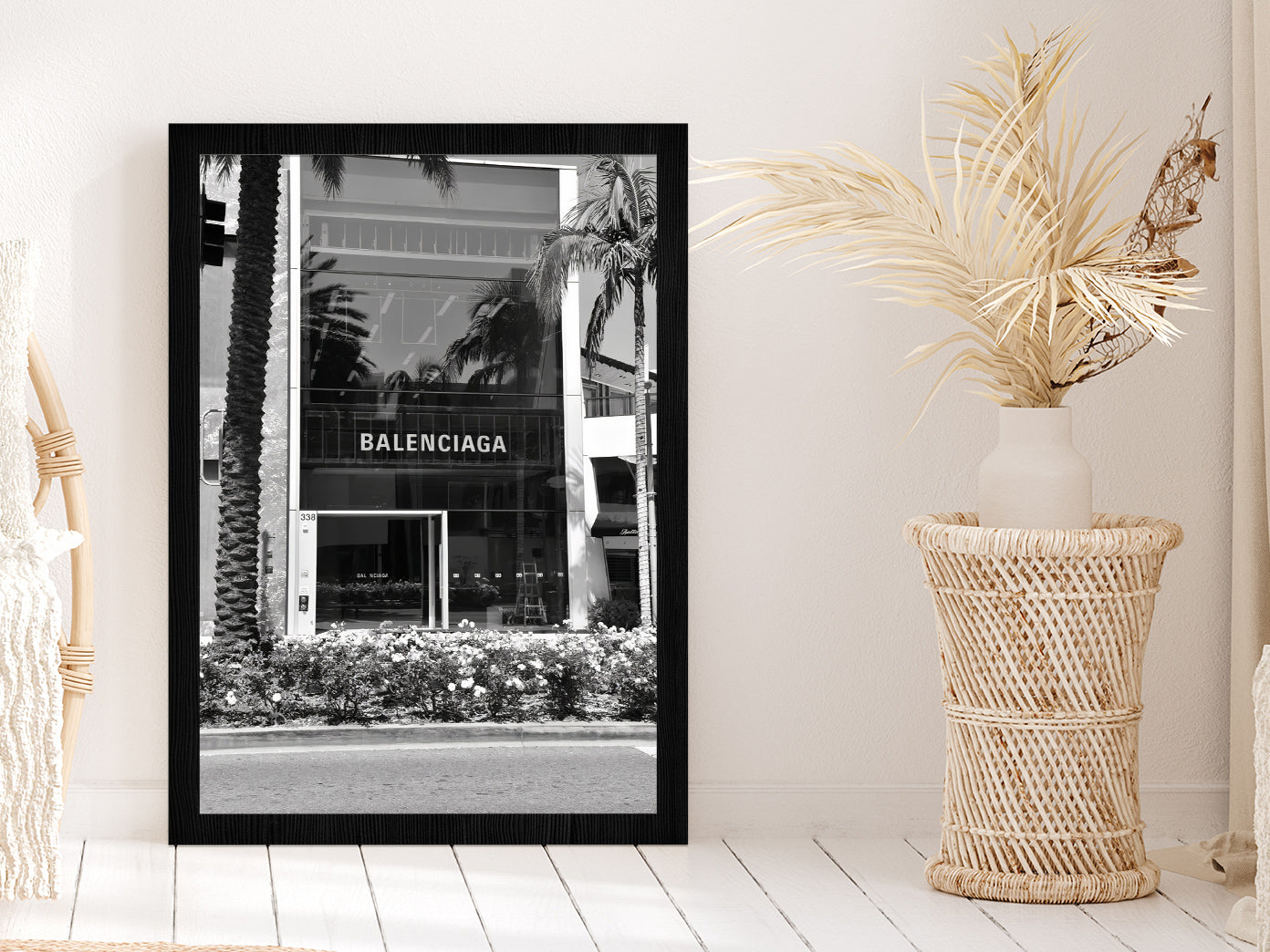 Palm Tree near Fashion Store B&W Photograph Glass Framed Wall Art, Ready to Hang Quality Print Without White Border Black