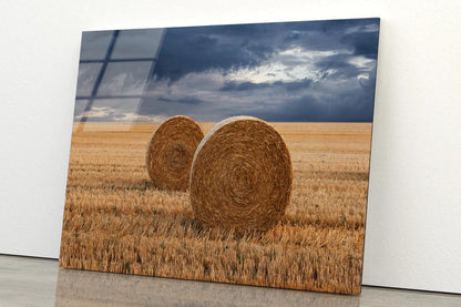 Straw Bales in A Field at Sunset View Acrylic Glass Print Tempered Glass Wall Art 100% Made in Australia Ready to Hang - Bella Home Decor